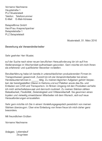 Muster Bewerbung als Versandmitarbeiter.