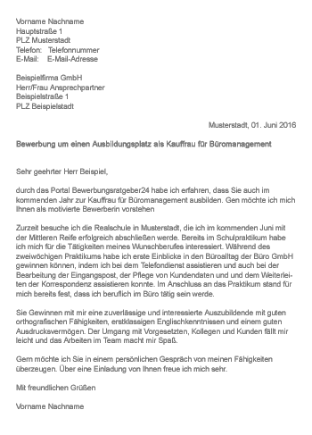 Bewerbung um einen Ausbildungsplatz als Kauffrau für Büromanagement