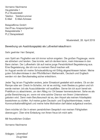 Bewerbung um einen Ausbildungsplatz als Luftverkehrskaufmann / Luftverkehrskauffrau