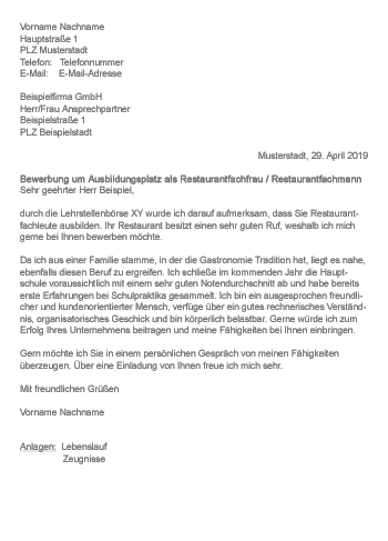 Bewerbung um einen Ausbildungsplatz als Restaurantfachfrau / Restaurantfachmann